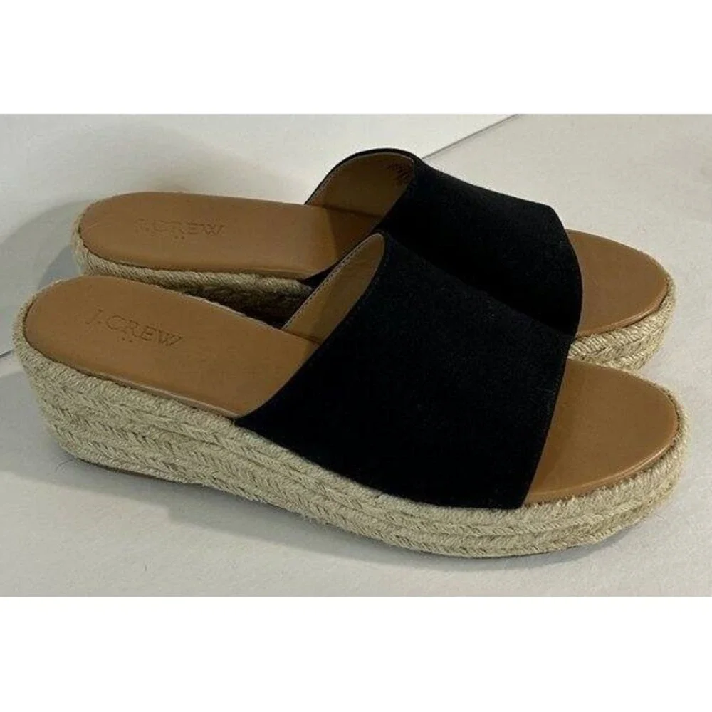 J Crew Canvas Espadrille Wedge Black Canvas Strap Mules Style AX841 Size 10.5